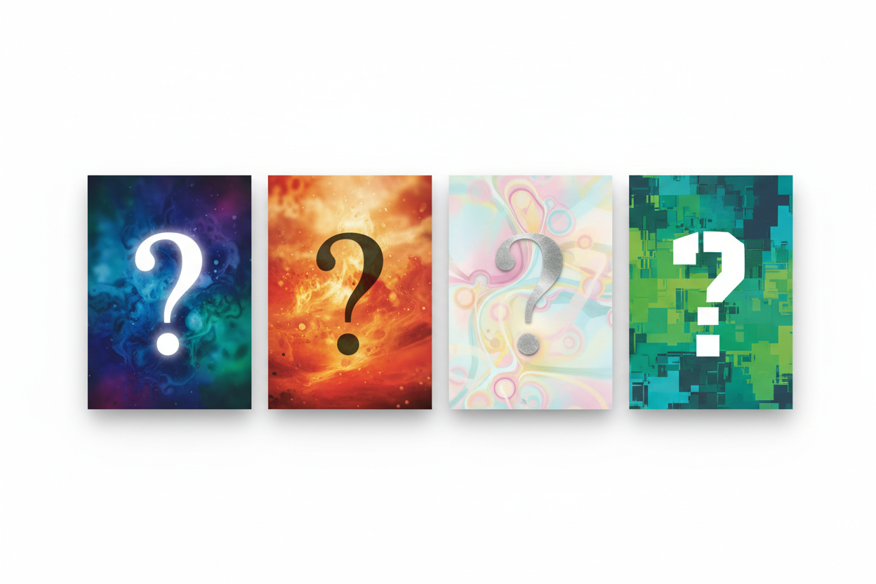 4 aceo cards with blurred cards and a question mark on each