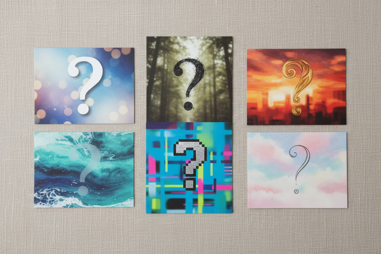 6 aceo cards with blurred images with question marks in the center of each